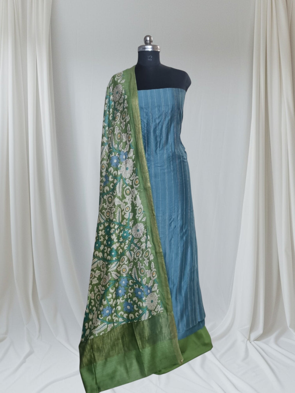 	Blue and green handloom Chanderi silk unstitched suit set – styled portrait