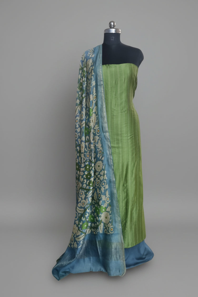 Blue and green Kalamkari Chanderi silk unstitched suit set – front drape view