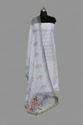 Kota Doria 2-piece unstitched suit in grey – Banarasi booti top with digital print dupatta by Tantuvanacrafts