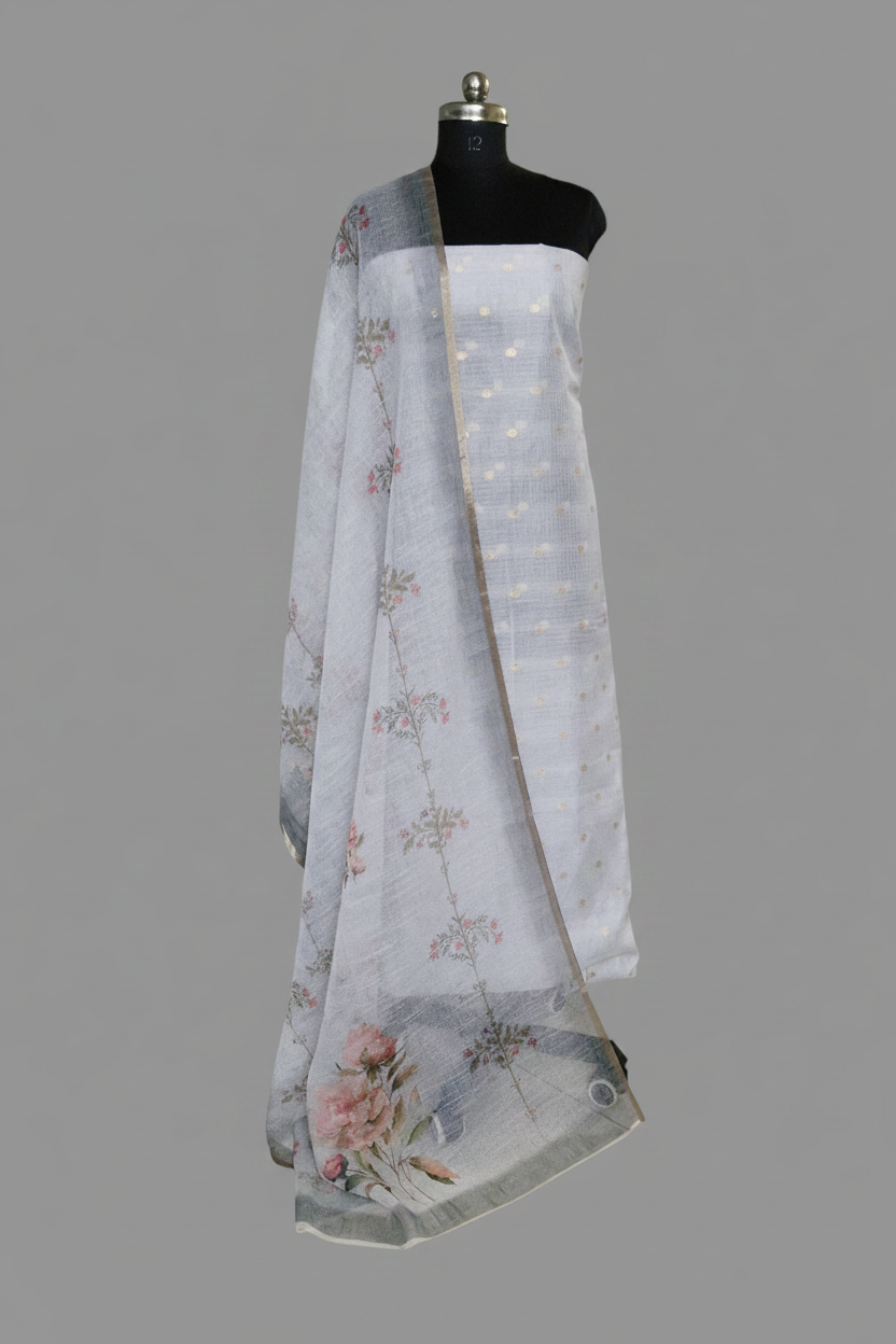 Kota Doria 2-piece unstitched suit in grey – Banarasi booti top with digital print dupatta by Tantuvanacrafts