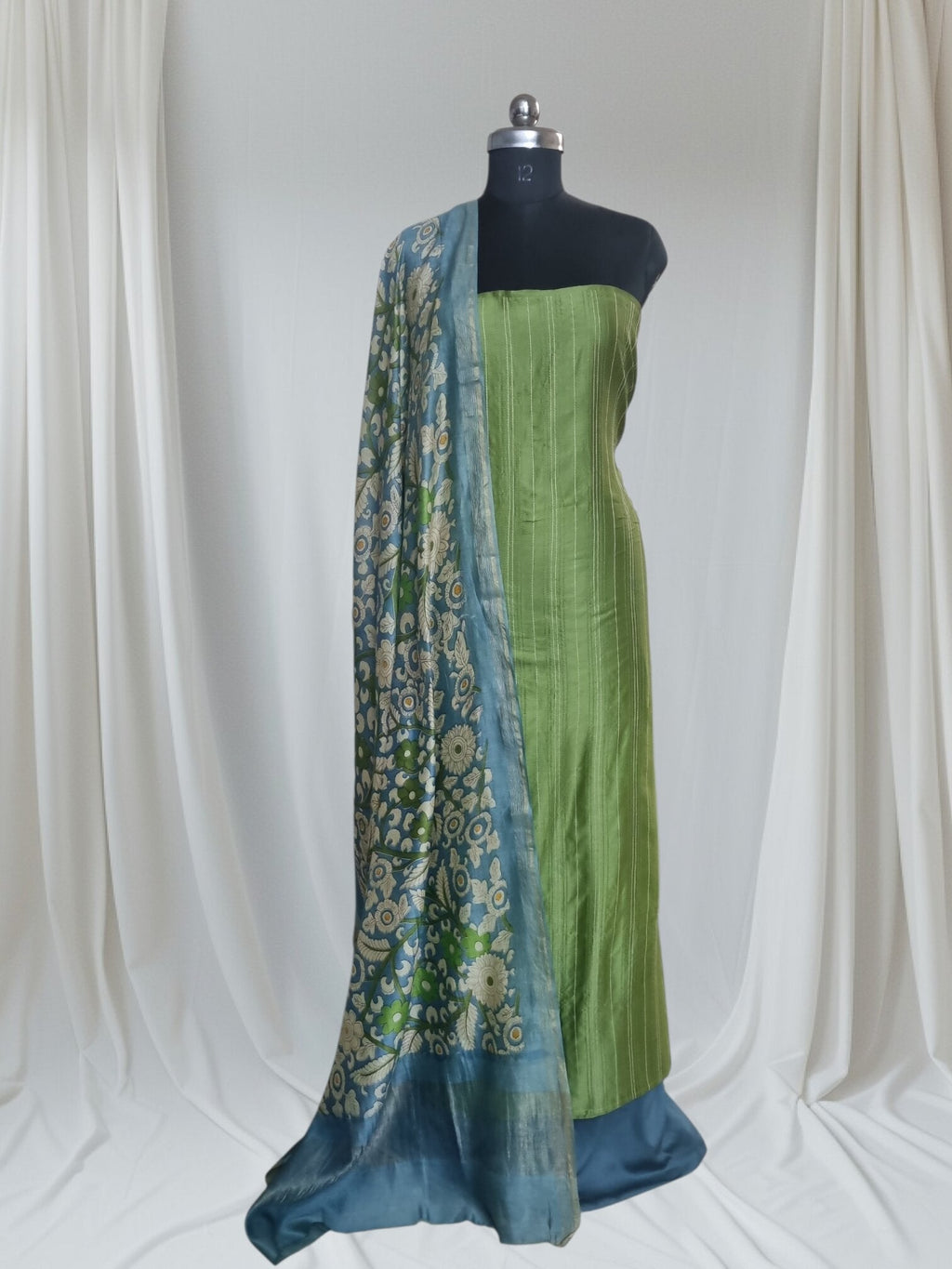 	Blue and green handloom Chanderi silk unstitched suit set – styled portrait
