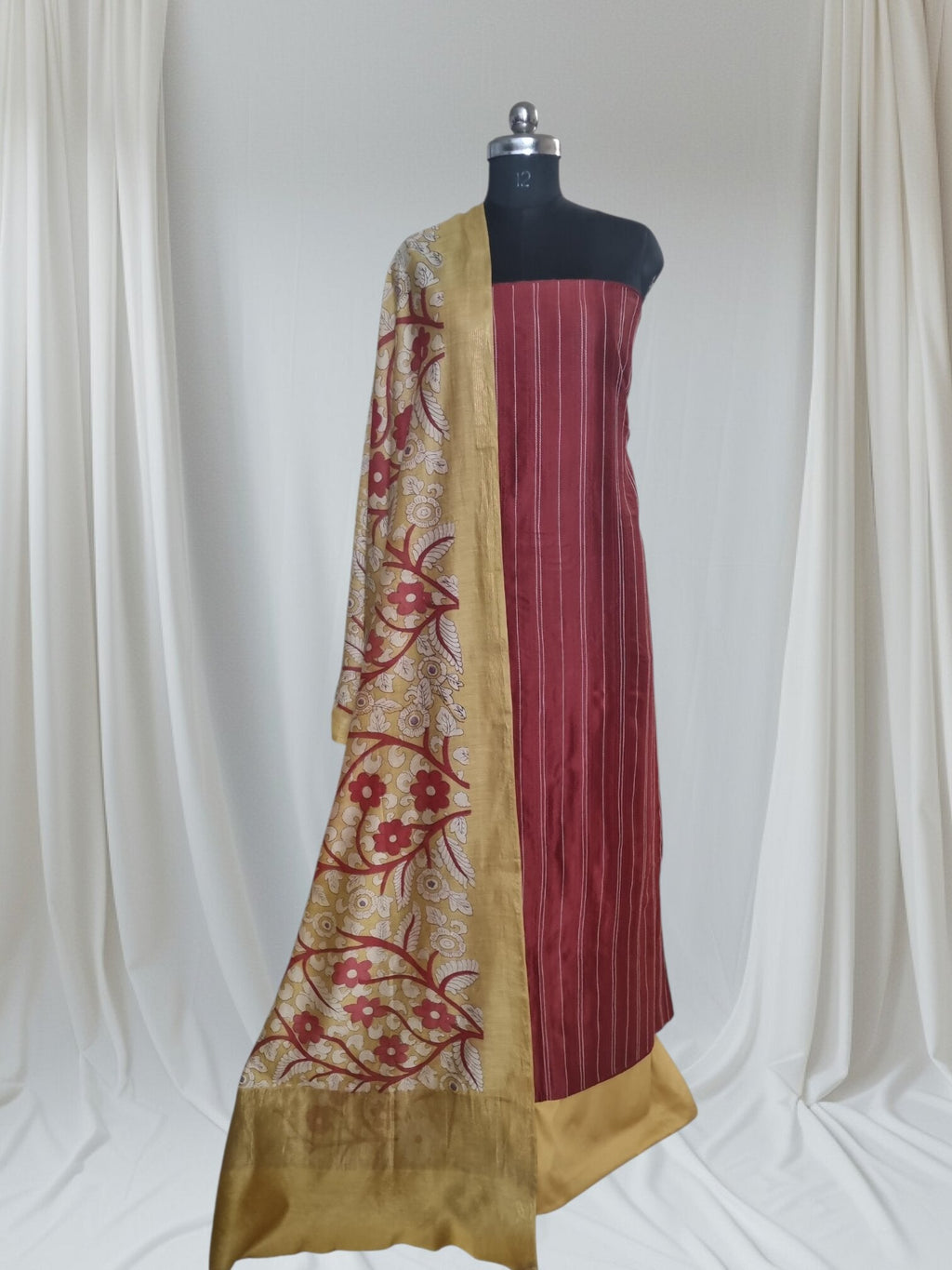 Maroon Chanderi silk 3-piece unstitched suit set with yellow Kalamkari dupatta – full length view