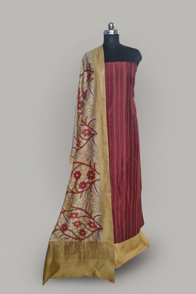 Maroon and yellow Kalamkari Chanderi silk unstitched suit set – front drape view