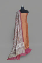 Orange and beige Maheshwari silk unstitched suit set with Kalamkari dupatta – front portrait