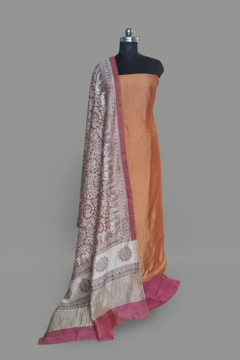 Orange and beige Maheshwari silk unstitched suit set with Kalamkari dupatta – front portrait