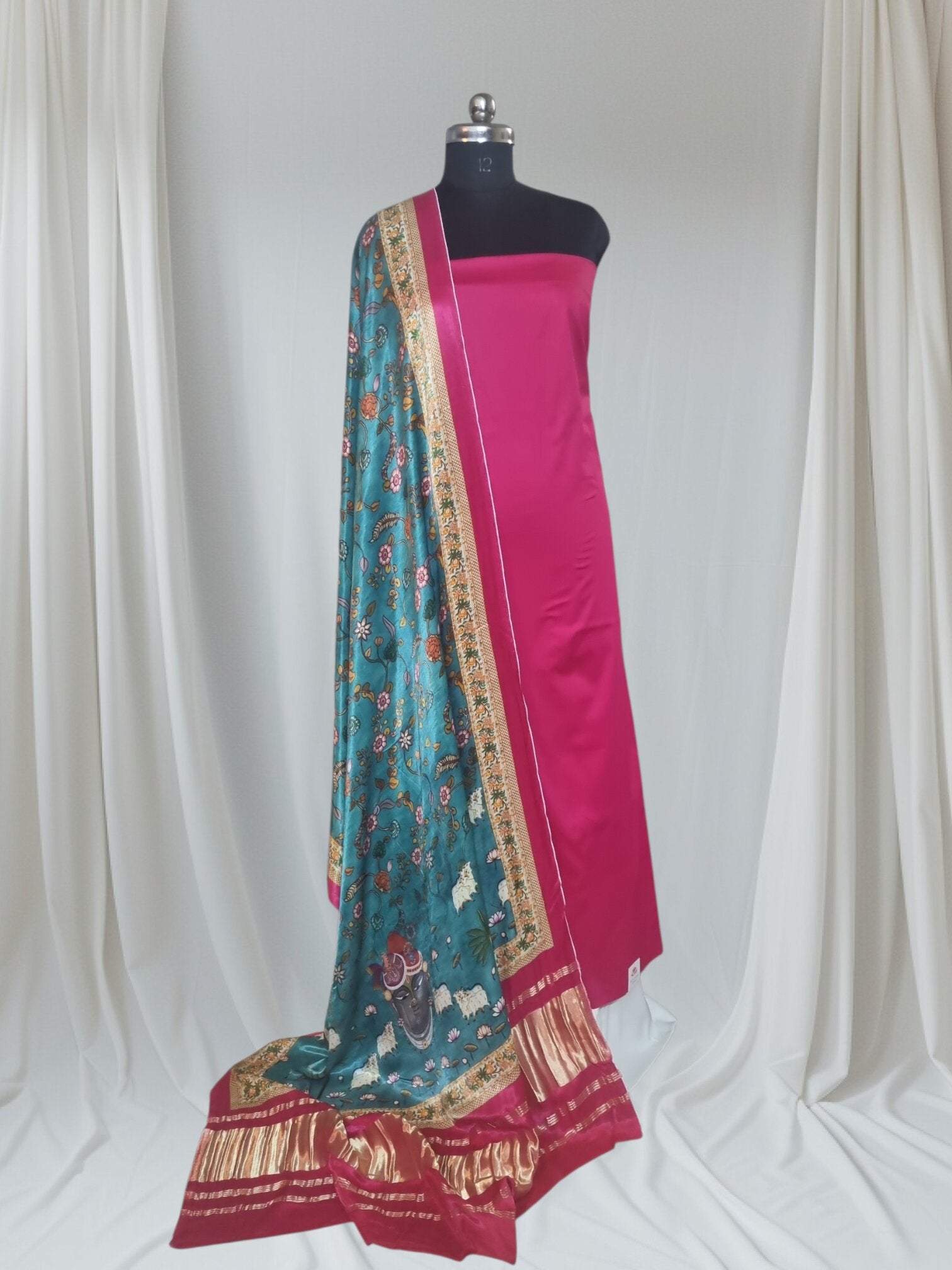 Pink cotton silk unstitched suit set with Gajji Silk Pichwai dupatta – styled look