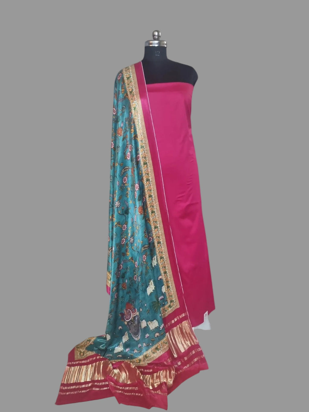 Pink and off white cotton silk unstitched suit set with Gajji Silk Pichwai print dupatta – front view