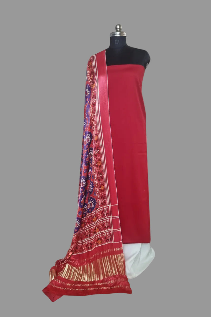 Red and off white unstitched suit set with Gajji silk Patola print dupatta – front drape view