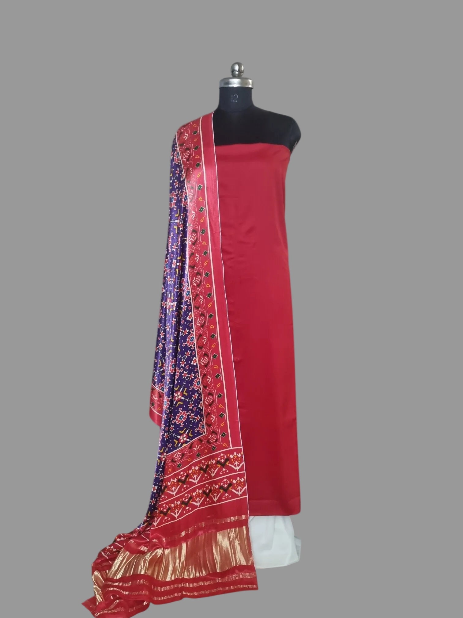 Red and off white cotton silk unstitched suit set with Gajji silk Patola print dupatta – Tantuvanacrafts