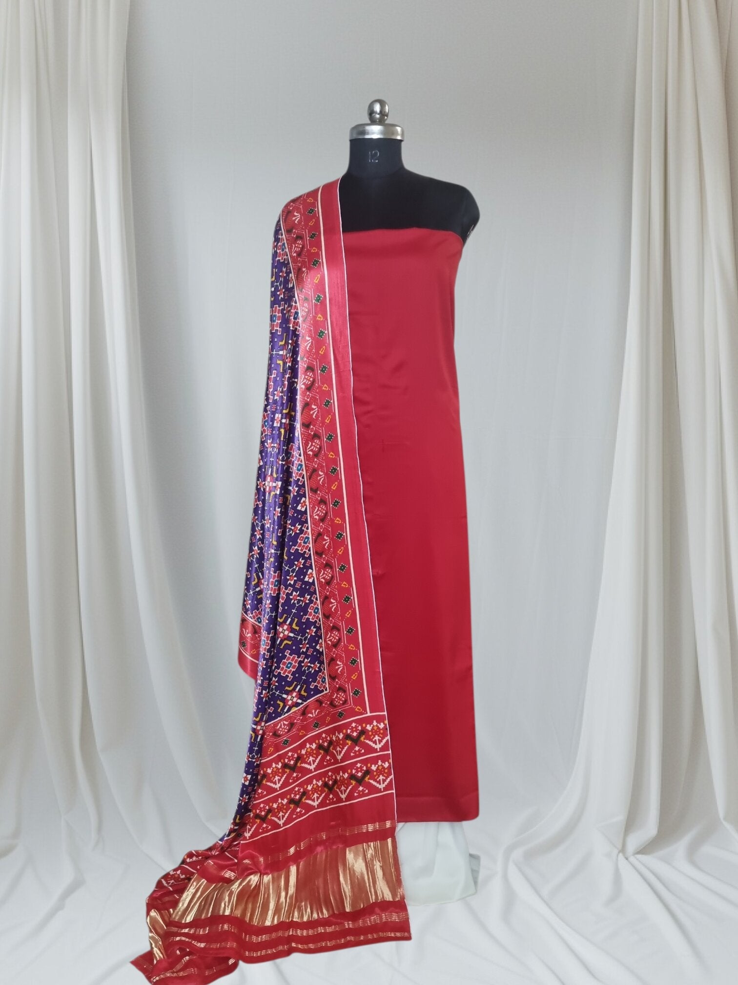 Red off white 3-piece unstitched suit set in cotton silk – ethnic wear for festivals and weddings