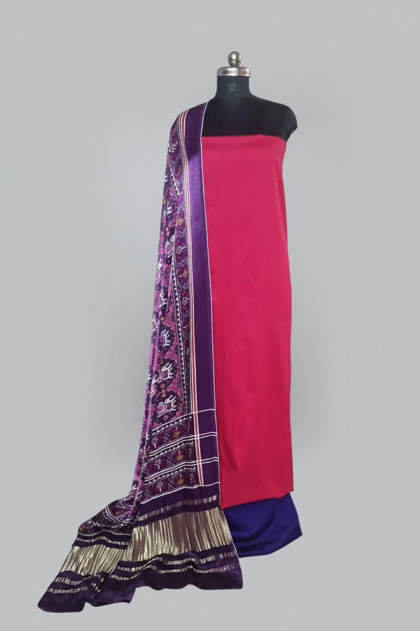 Pink and purple unstitched suit set with Patola print Gajji silk dupatta – front drape view