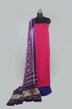 Pink and purple unstitched suit set with Patola print Gajji silk dupatta – front drape view