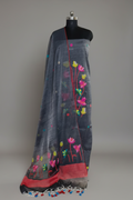Handwoven Bengal Jamdani suit fabric in charcoal with multicolor star motifs – 2-pc unstitched set, styled portrait view