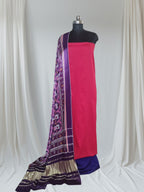 Pink purple Gajji silk Patola dupatta with unstitched suit set – editorial portrait