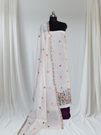 Cream and purple embroidered cotton suit set – editorial portrait - Tantuanacrafts