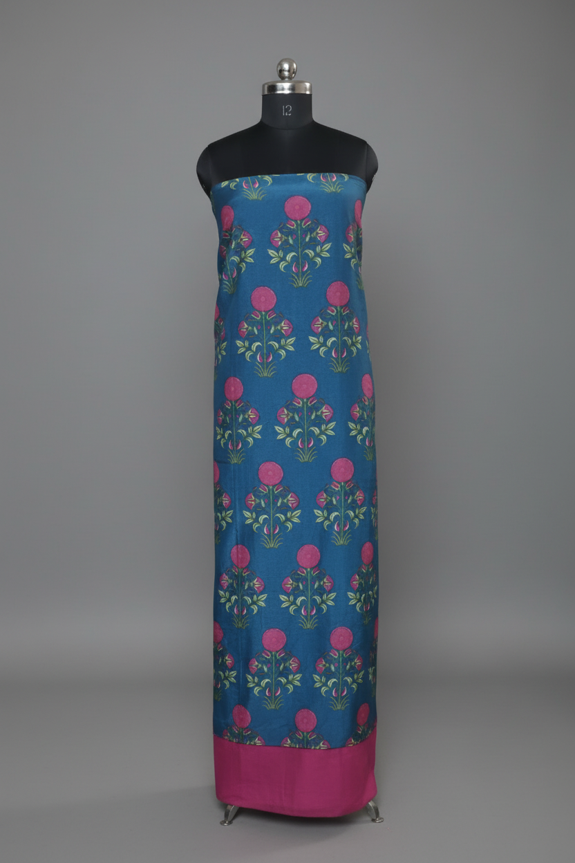 Malai Chanderi Silk 2-Piece Unstitched Co-ord Set | Blue & Pink | Indian Handloom | SKU 1182