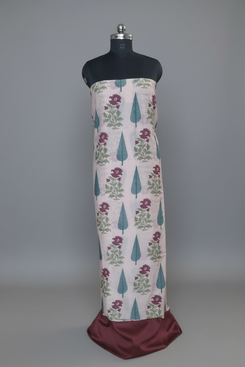 Malai Chanderi Silk 2-Piece Unstitched Co-ord Set | Peach & Plum | Indian Handloom | SKU 1177
