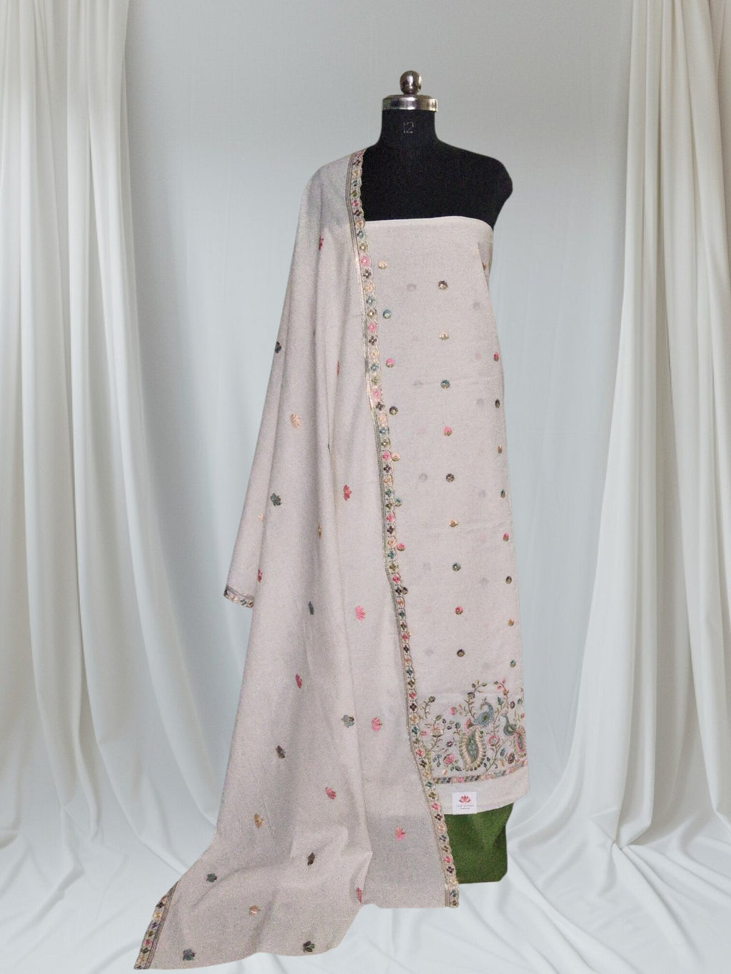 Cream & Green Embroidered Ethnic Suit Set – Editorial Portrait