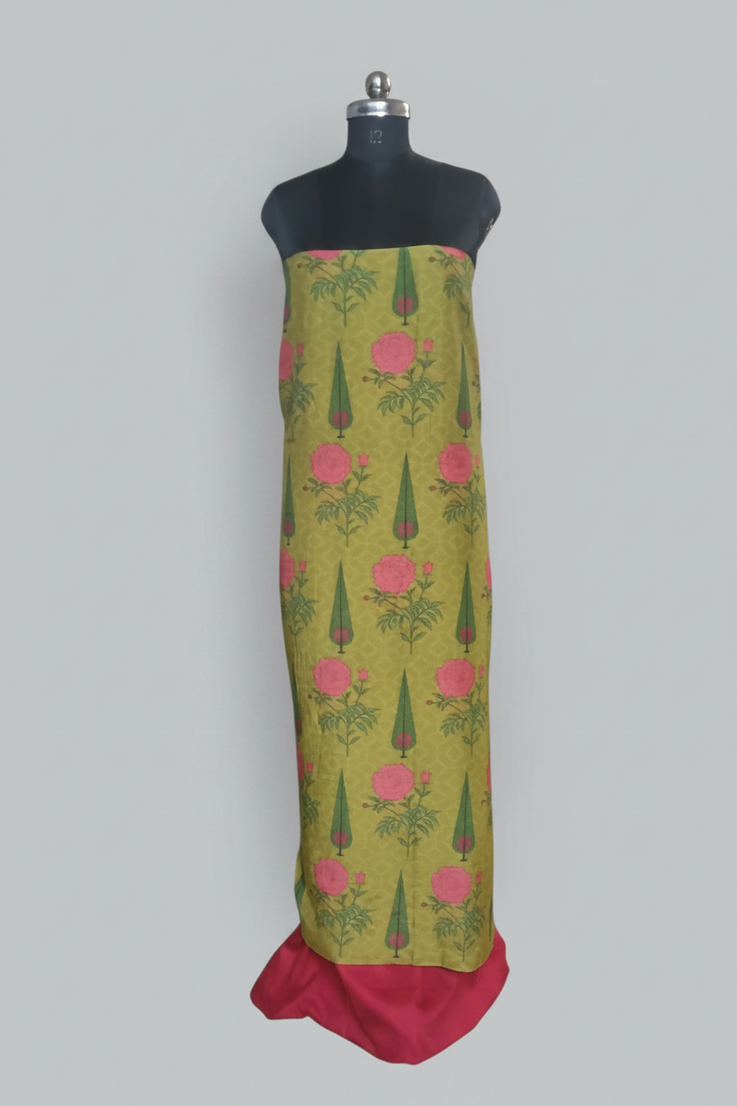 Malai Chanderi Silk 2-Piece Unstitched Co-ord Set | Green & Pink | Indian Handloom
