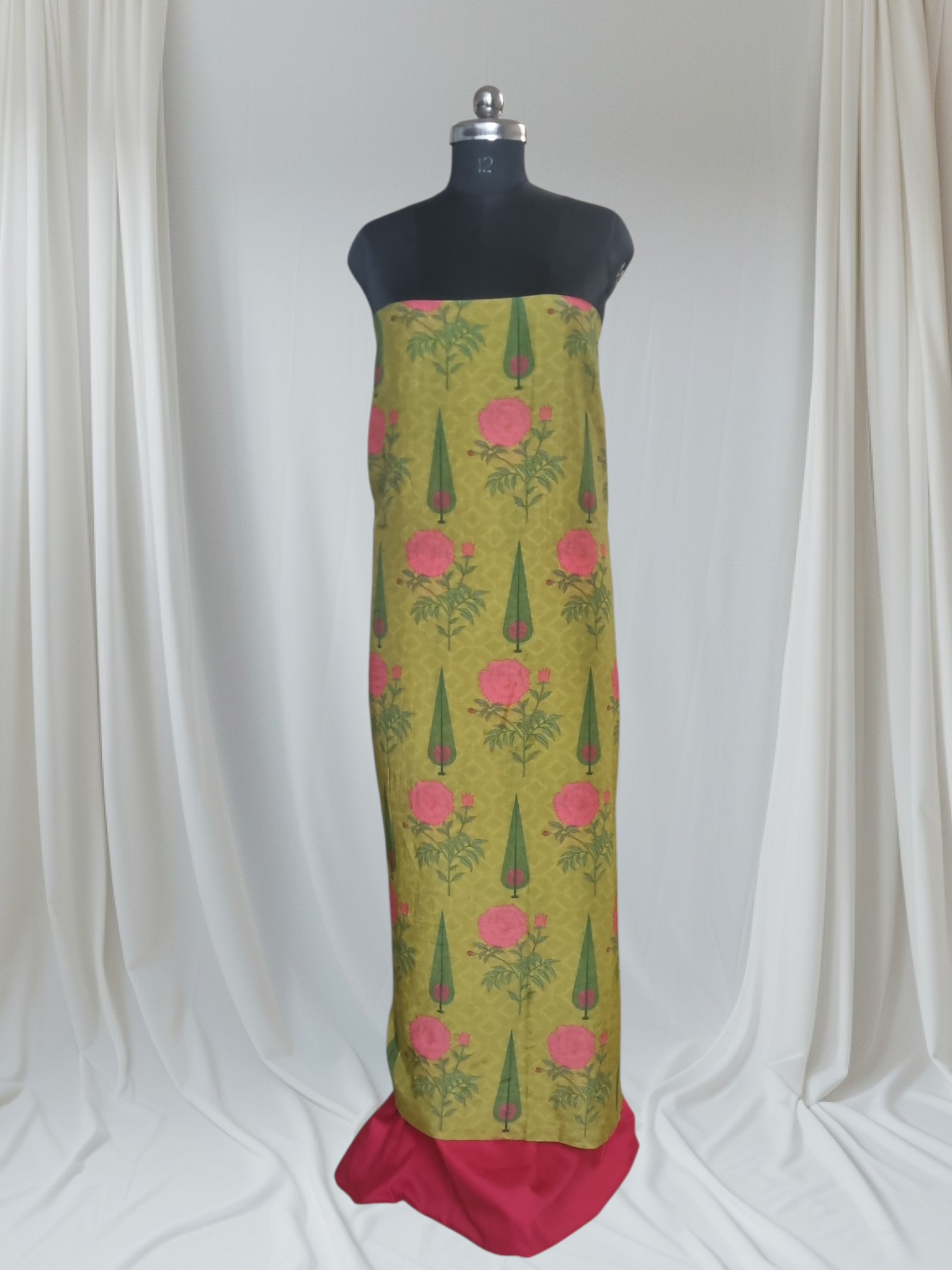 Malai Chanderi Silk Unstitched Co-ord Set | Green & Pink | Indian Handloom | Office & Festive Wear