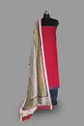 Handloom cotton 3-piece unstitched suit with Chanderi silk dupatta in red and blue – portrait view