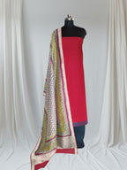 Handloom cotton suit set with Chanderi silk dupatta in red and blue – editorial portrait