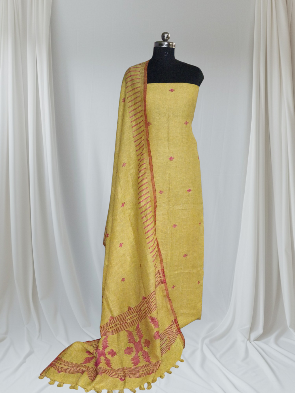 Model wearing lime yellow and red handwoven 60 Lea linen unstitched suit – Indian handloom 2-piece Kurta Dupatta set