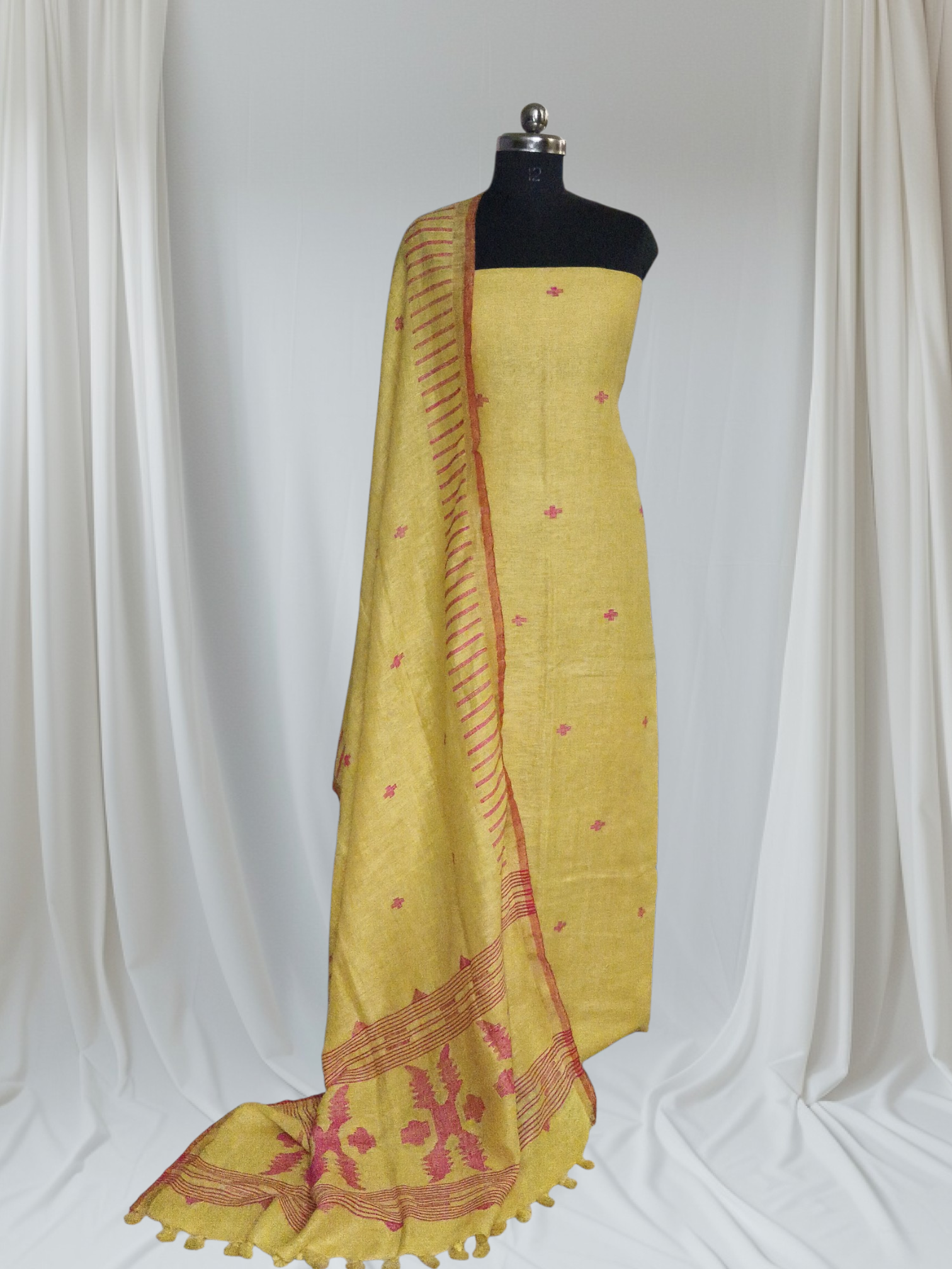 Model wearing lime yellow and red handwoven 60 Lea linen unstitched suit – Indian handloom 2-piece Kurta Dupatta set