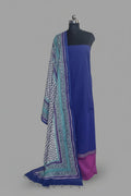 Handloom cotton 3-piece unstitched suit with Chanderi silk dupatta in blue and purple – portrait view