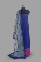 Handloom cotton 3-piece unstitched suit with Chanderi silk dupatta in blue and purple – portrait view