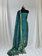 Model wearing teal green handwoven 60 Lea linen unstitched suit – Indian handloom 2-piece Kurta Dupatta set