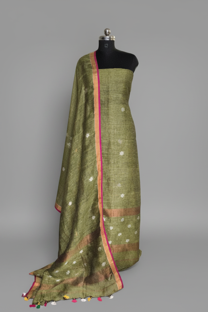 Handwoven 60 Lea Linen Jamdani 2-Piece Unstitched Suit Set | Mehandi Green & Silver Bronze Metallic Stars | SKU 1110