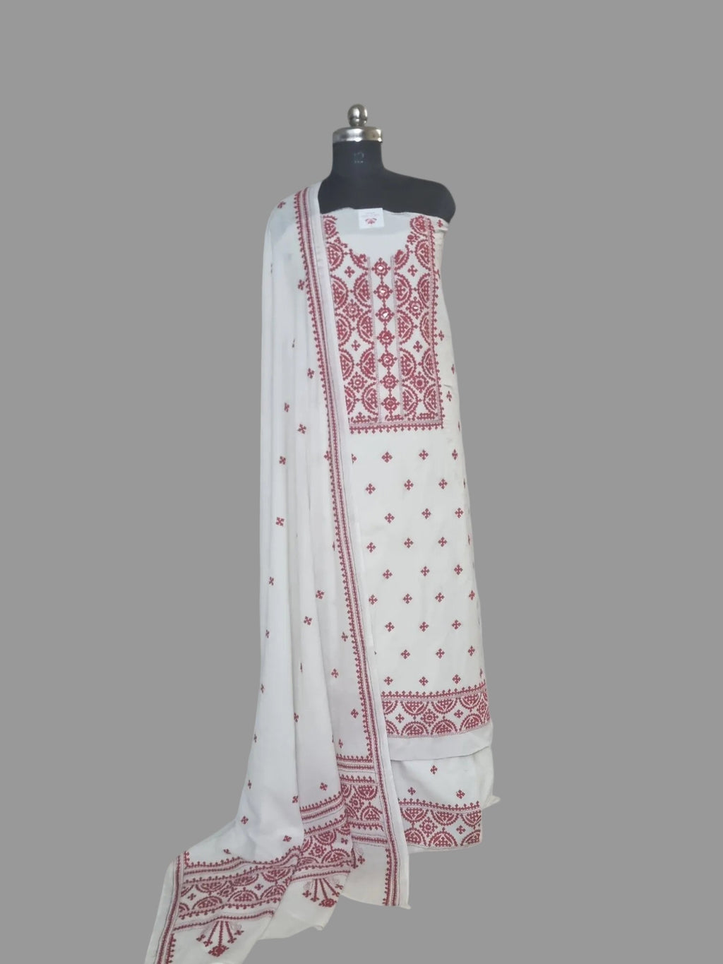 Cream & Red Sindhi hand-embroidered unstitched suit set in cotton – front view