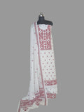 Cream & Red Sindhi hand-embroidered unstitched suit set in cotton – front view