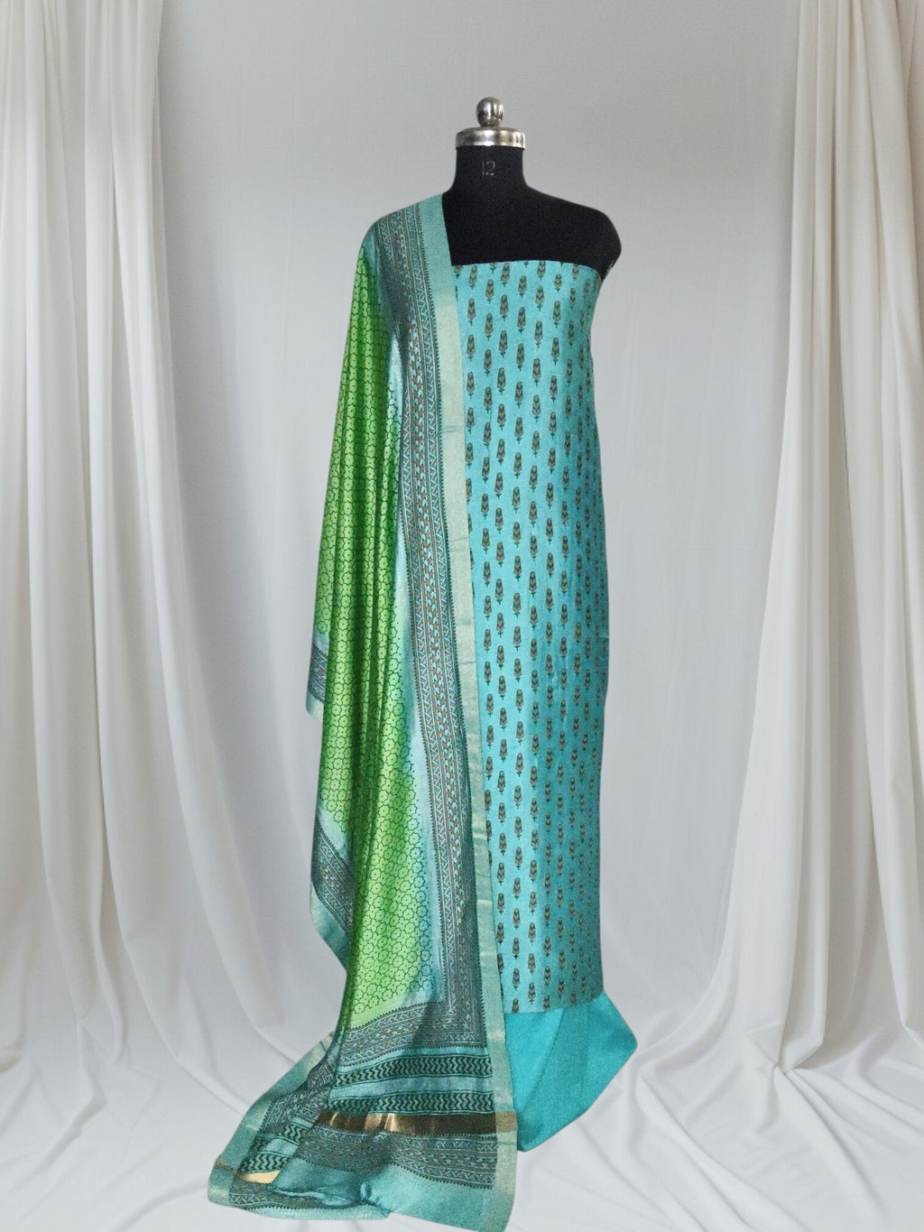 Maheshwari Silk Ethnic Suit Set – Editorial Portrait, Teal Blue and Green