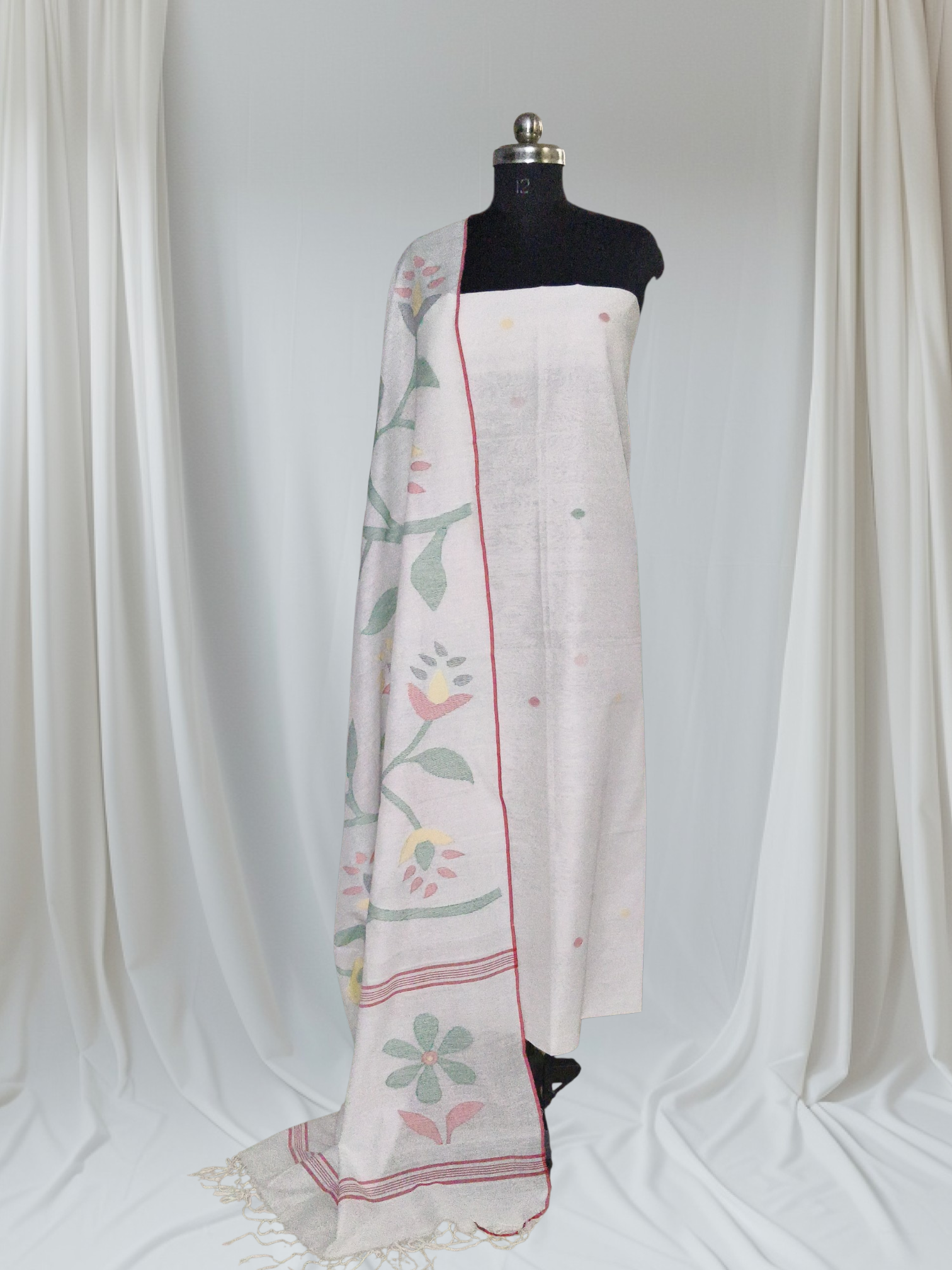 White & Multicolor Polka Dot Handwoven Bengal Jamdani 2-Pc Unstitched Set – Portrait