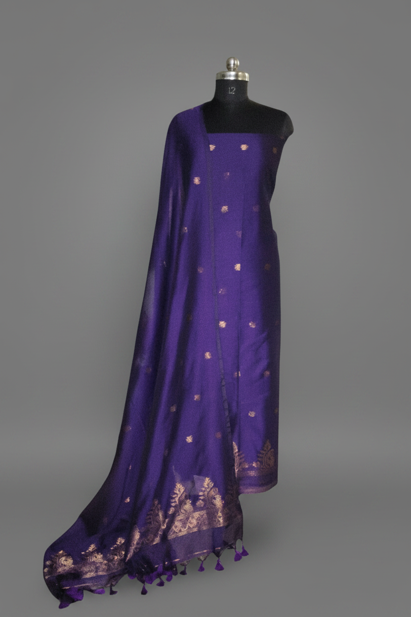 Royal Purple & Gold Zari Booti Handwoven Bengal Cotton Muslin 2-Pc Unstitched Set