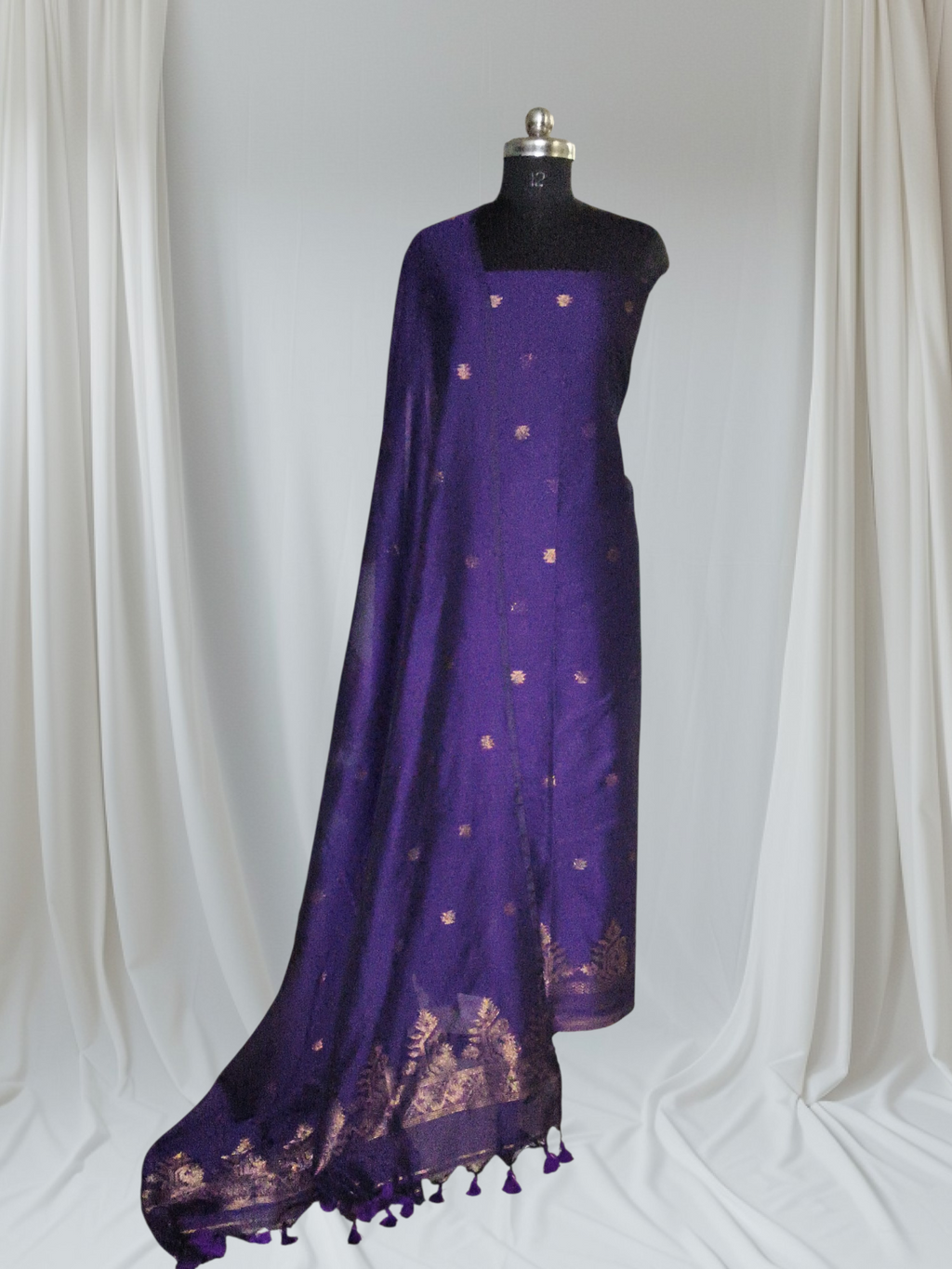 Royal Purple & Gold Zari Booti Bengal Cotton Muslin Unstitched Set – Full View
