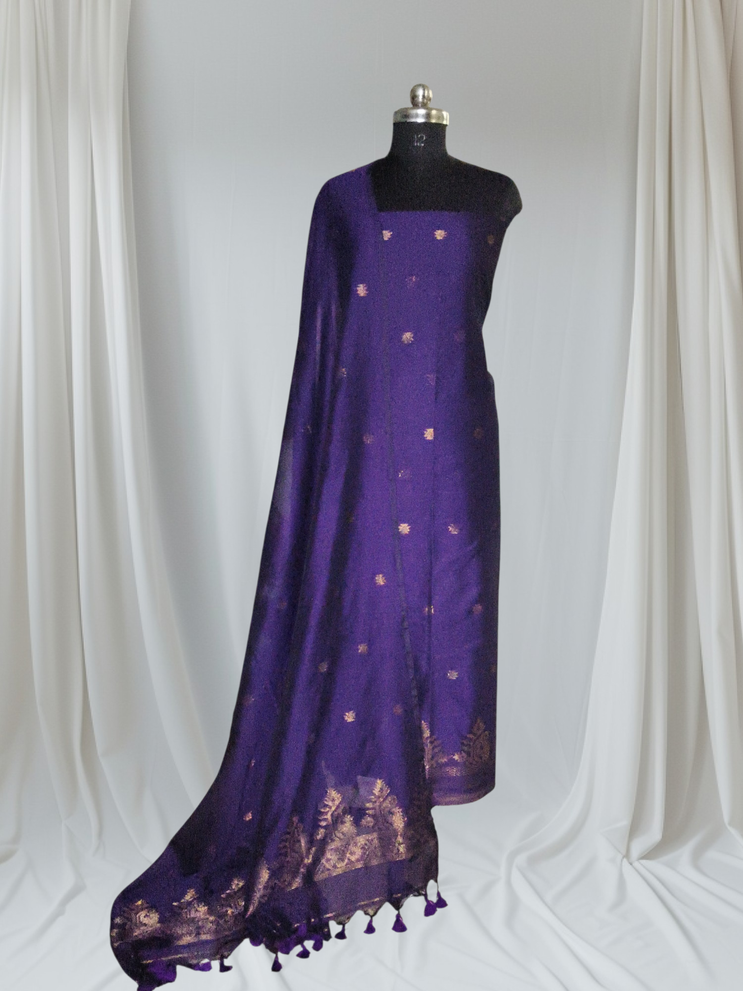Royal Purple & Gold Zari Booti Bengal Cotton Muslin Unstitched Set – Full View
