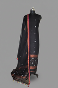 Handwoven 60 Lea Linen Jamdani 2-pc unstitched suit in midnight black with silver and bronze star motifs – Indian handloom