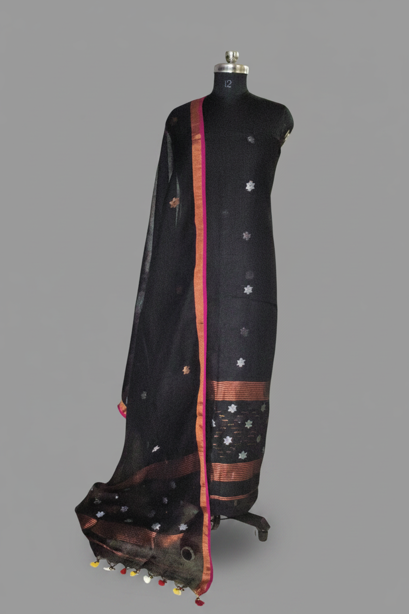 Handwoven 60 Lea Linen Jamdani 2-pc unstitched suit in midnight black with silver and bronze star motifs – Indian handloom
