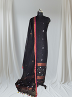 Unstitched linen Jamdani suit material – midnight black with dual-tone metallic star motifs and daman border