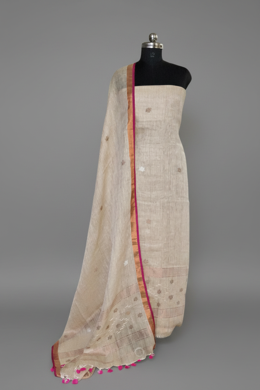 Handwoven 60 Lea Linen Jamdani suit fabric in oatmeal with metallic star motifs – 2-piece unstitched set