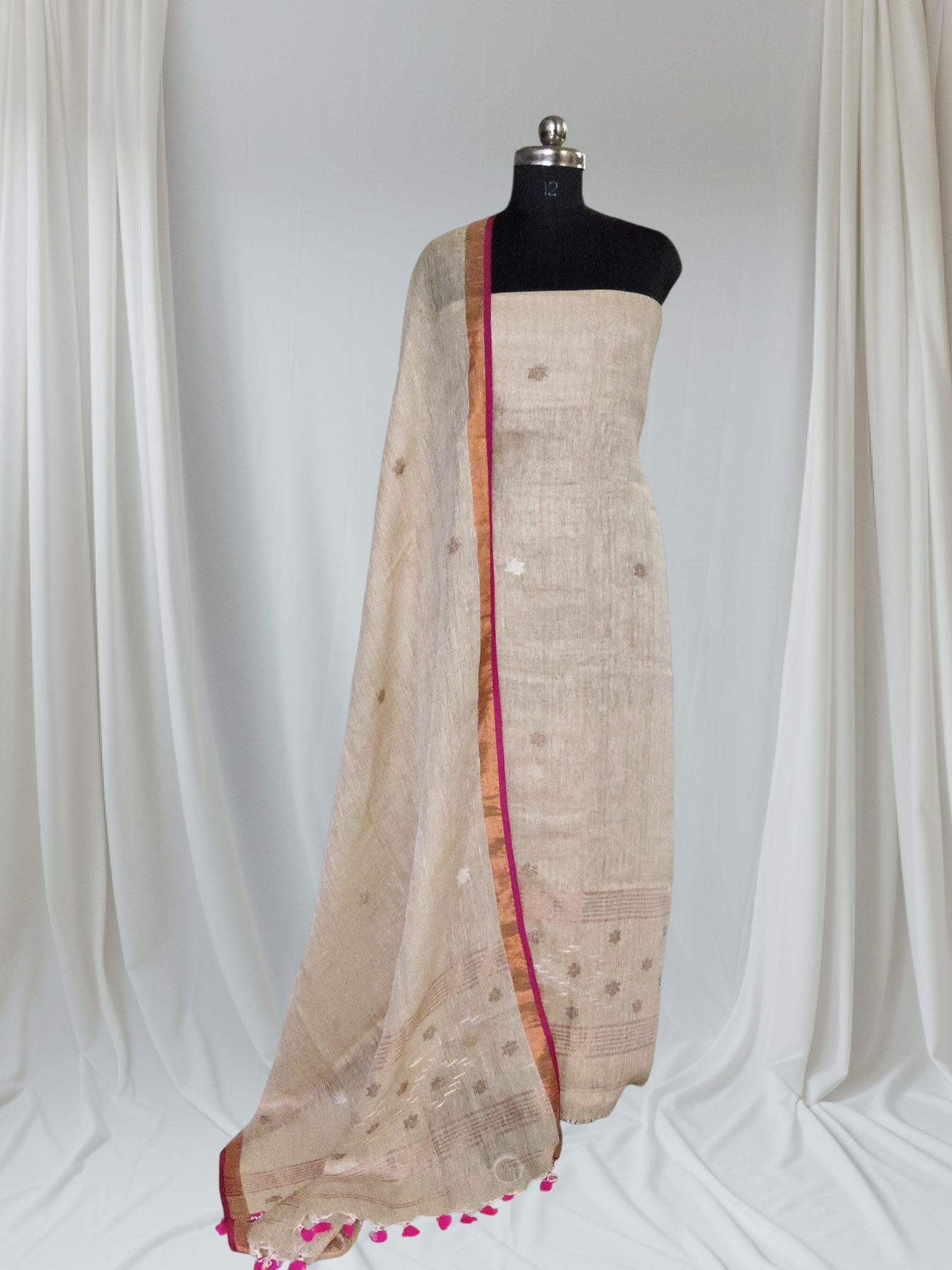 Linen Jamdani 2-piece suit fabric – handloom Indian textile in oatmeal with metallic star pattern
