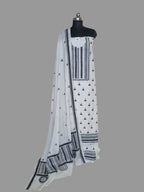 Black and off-white hand-embroidered Kantha work unstitched suit set in cotton – front view