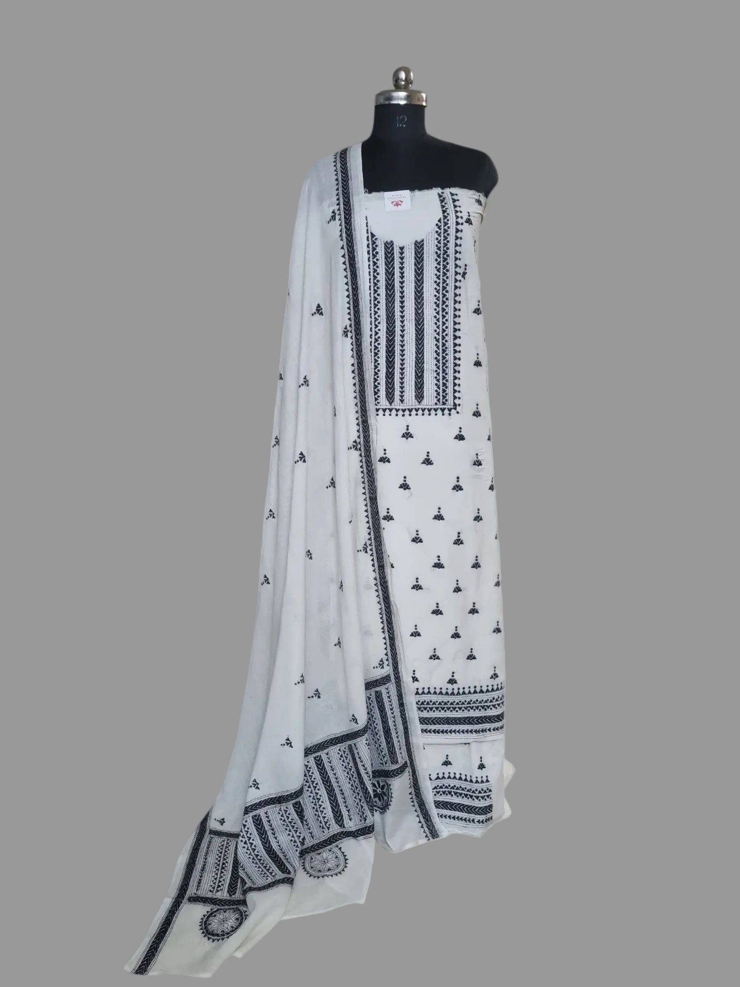 Black and off-white hand-embroidered Kantha work unstitched suit set in cotton – front view