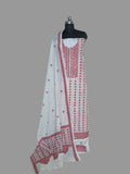 Red and cream Kantha hand-embroidered 3-piece unstitched cotton suit set – full front view