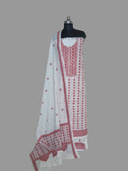 Red and cream Kantha hand-embroidered 3-piece unstitched cotton suit set – full front view