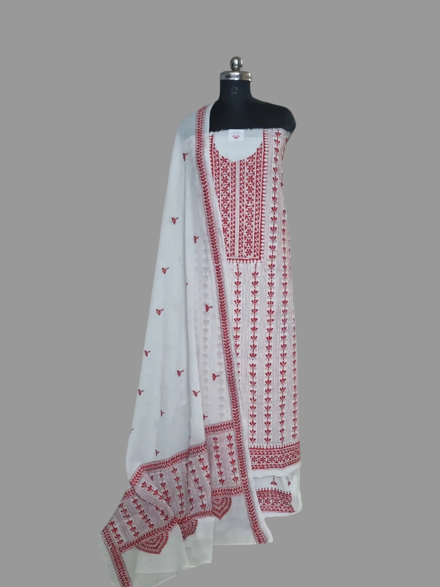 Red and cream Kantha hand-embroidered 3-piece unstitched cotton suit set – full front view