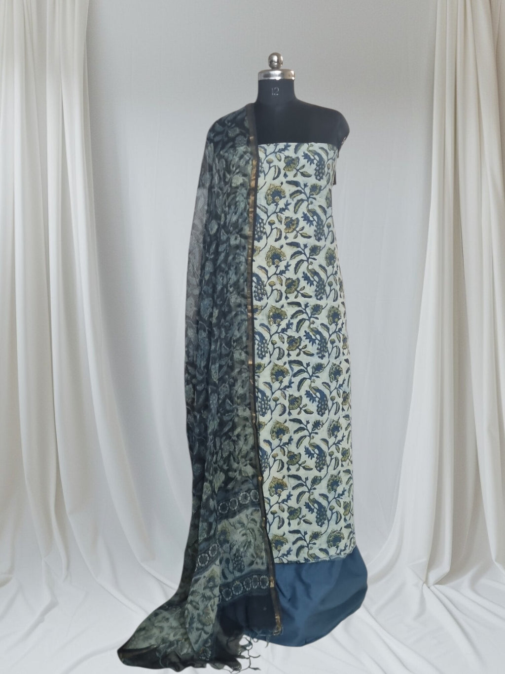 Blue & Ivory Block Print Cotton Suit – Full Drape Portrait with Kota Doria Dupatta